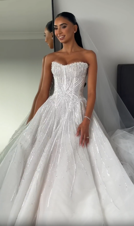 White Ball Gown Strapless Beaded Sequin Tulle Long Sweep Prom Dress Wedding Dress SH4772