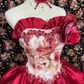 Vintage Red Print Floral Ball Gown Strapless Satin Prom Dress Sweet 16 Dress SH5797