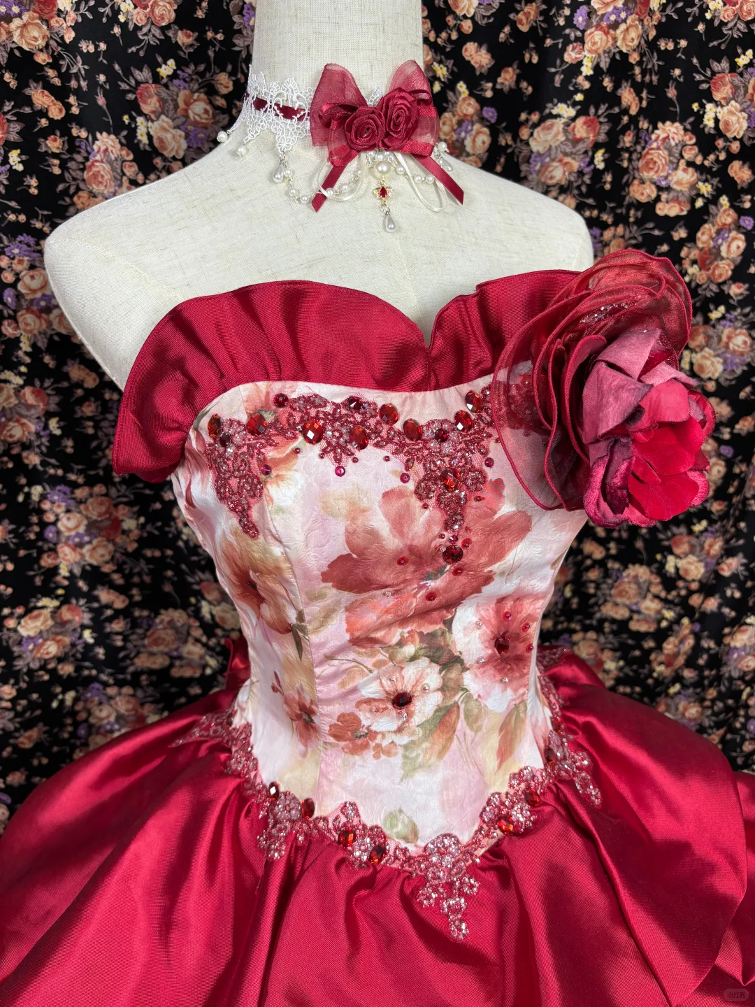 Vintage Red Print Floral Ball Gown Strapless Satin Prom Dress Sweet 16 Dress SH5797