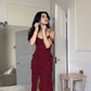 Sexy Burgundy Ruffles Chiffon Slit Prom Dress Mermaid Evening Dress SH1382