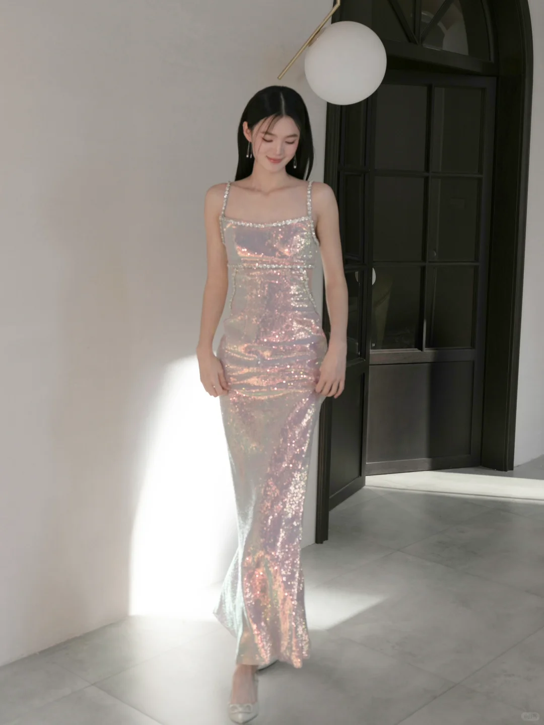 Shiny Pink Sheath Straps Rhinestone Sequin Prom Dress Evening Dress Party Dress SH4220