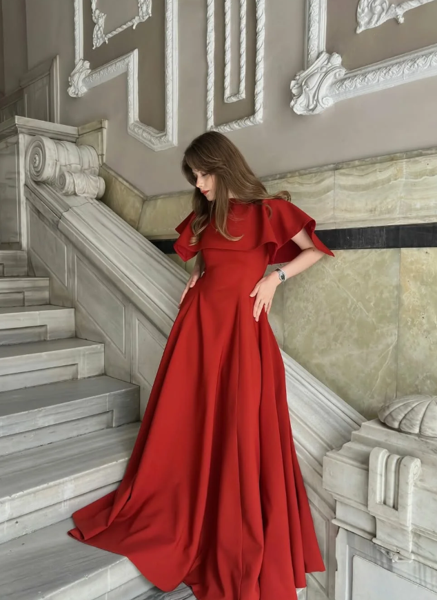 Red Classic A Line Simple Satin Long Prom Dress Wedding Guest Dress SH5398