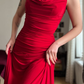 Simple Red A Line Pleated Satin Prom Dress Evening Dress Date Dress SH5632
