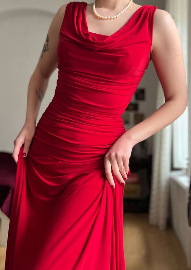 Simple Red A Line Pleated Satin Prom Dress Evening Dress Date Dress SH5632