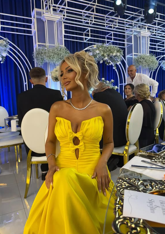 Bright Yellow Bow A Line Strapless Satin Prom Dress Evening Dress SH6344