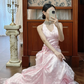 Vintage Pink Polka Dot A Line Halter Chiffon Satin Open Back Long Prom Dress SH5171