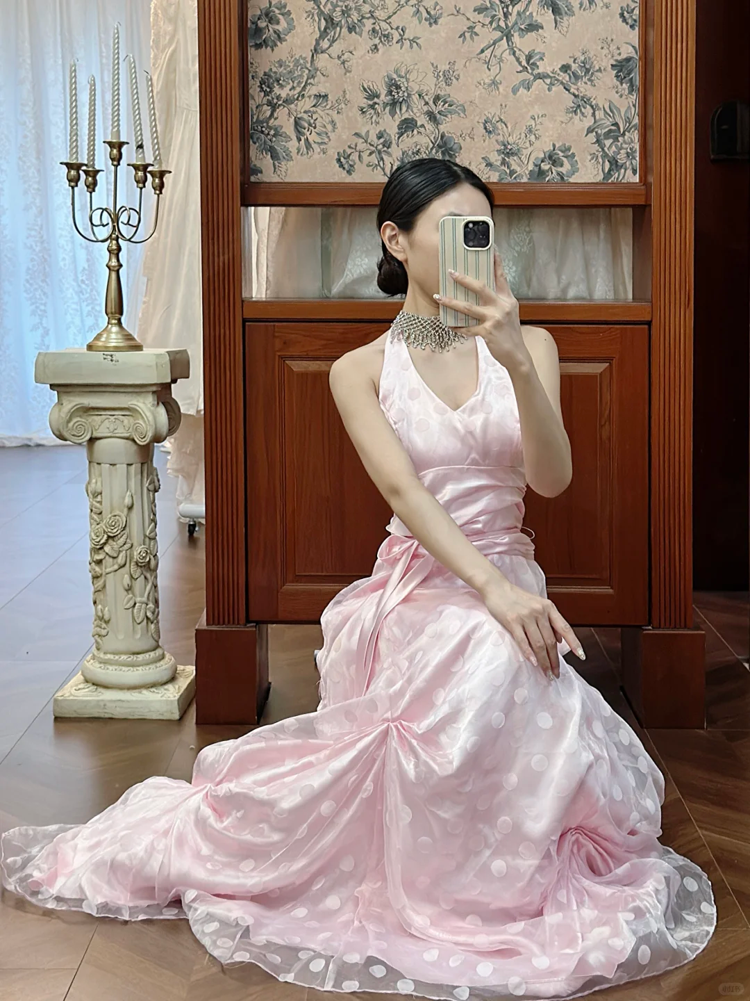 Vintage Pink Polka Dot A Line Halter Chiffon Satin Open Back Long Prom Dress SH5171