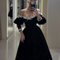 Elegant A Line Long Sleeve Pearl Black Velvet Long Prom Dress SH5301