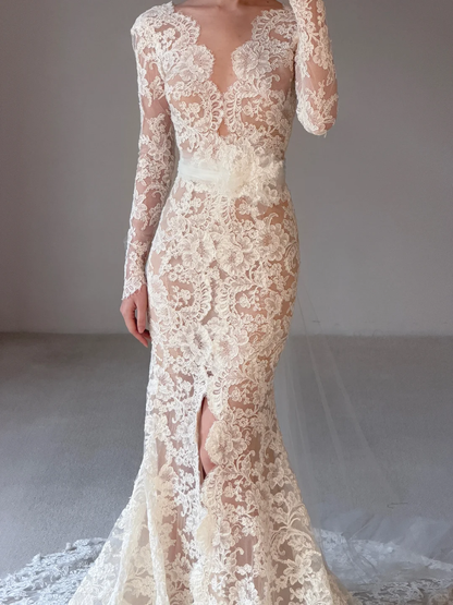 Stunning Mermaid Long Sleeve V Neck Lace Long Train Wedding Dress with Slit SH7724