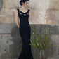 Vintage Black Mermaid Embroidery Satin Prom Dress Evening Dress Date Dress SH5600