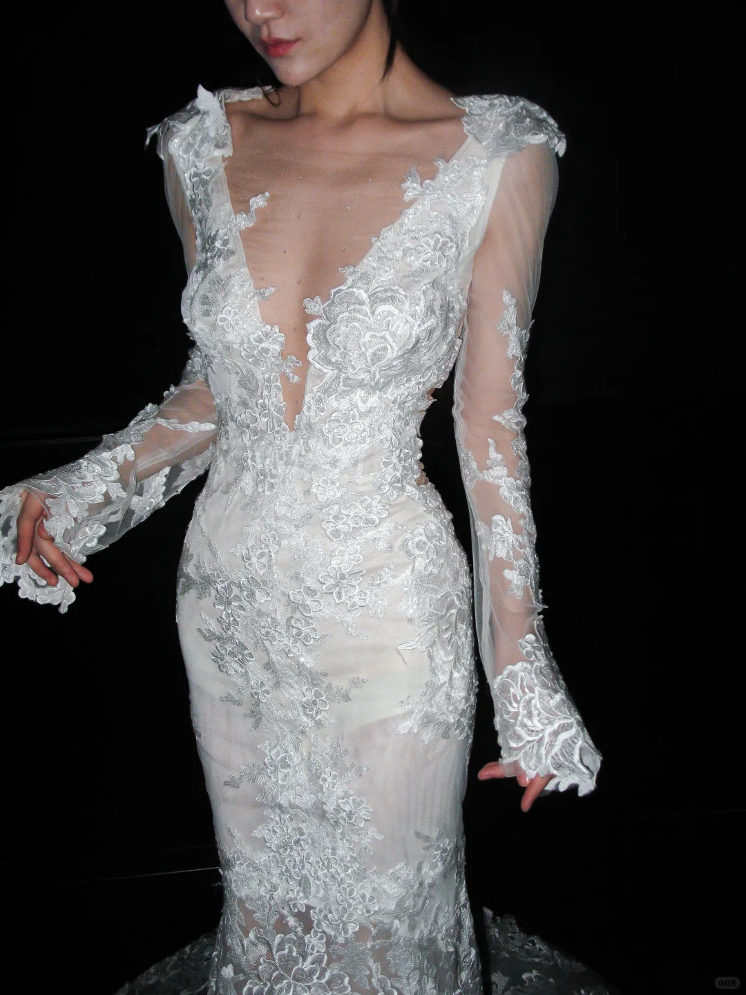 Stunning Mermaid Long Sleeve V Neck White Lace Long Train Wedding Dress SH8913