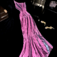 Vintage Mermaid One Shoulder Beaded Pink Satin Long Prom Dress Evening Dress SH3079