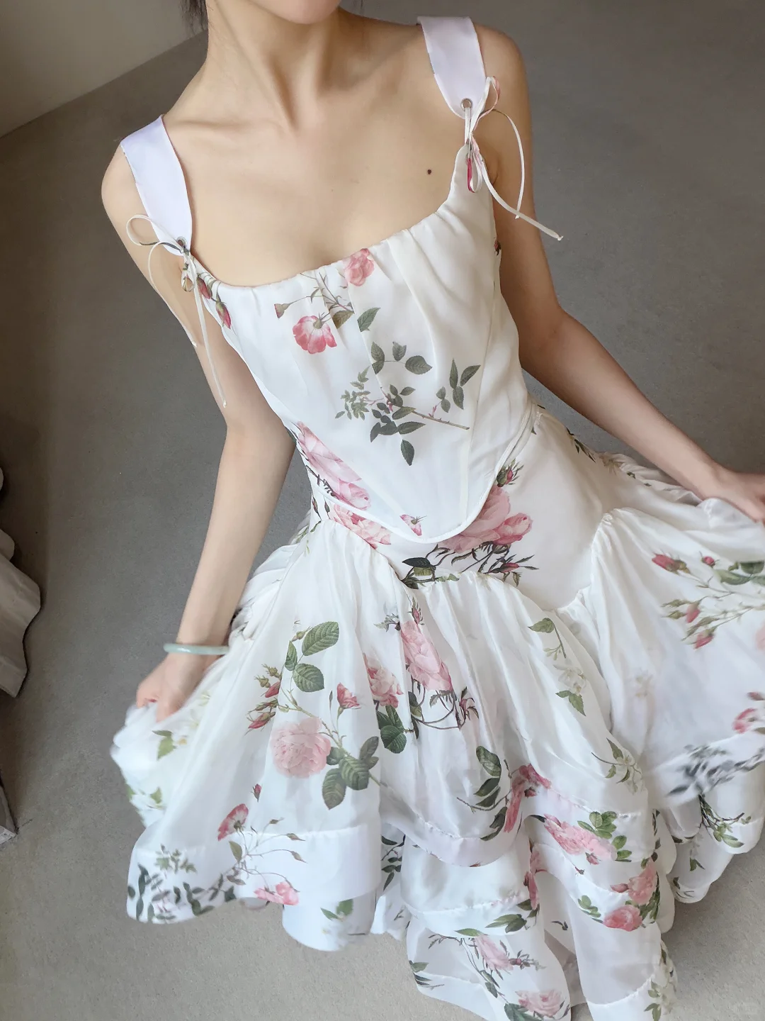 Gentle A Line Straps Print Layered White Chiffon Long Prom Dress Evening Dress SH7702