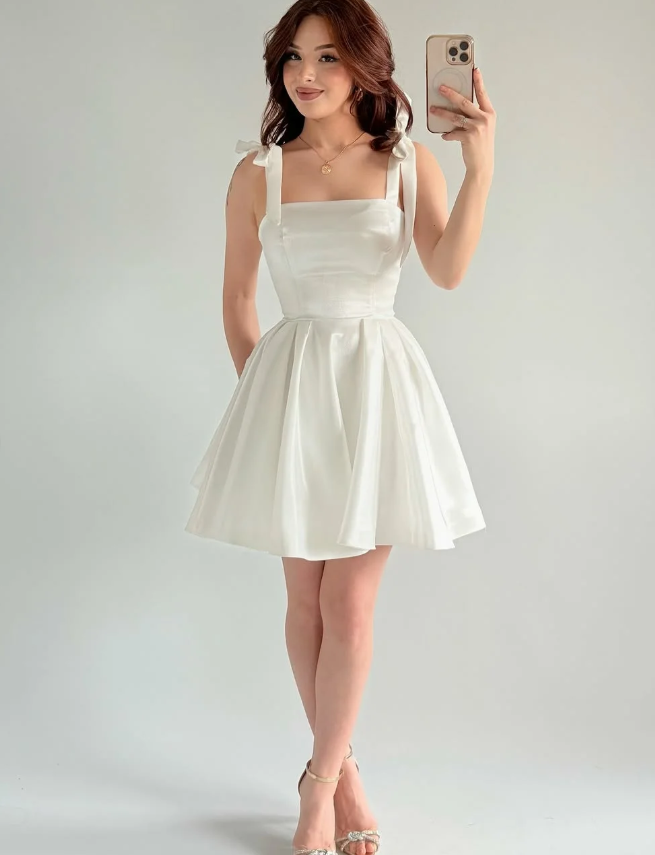 White A Line Bow Straps Satin Short Prom Dress Homecoming Dress SH6010