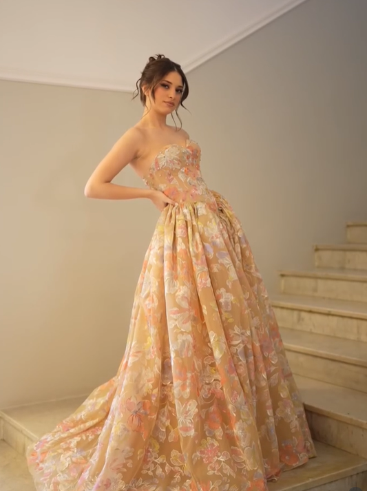 Beautiful A Line Sweetheart Neck Print Floral Tulle Long Prom Dress Evening Dress SH6527