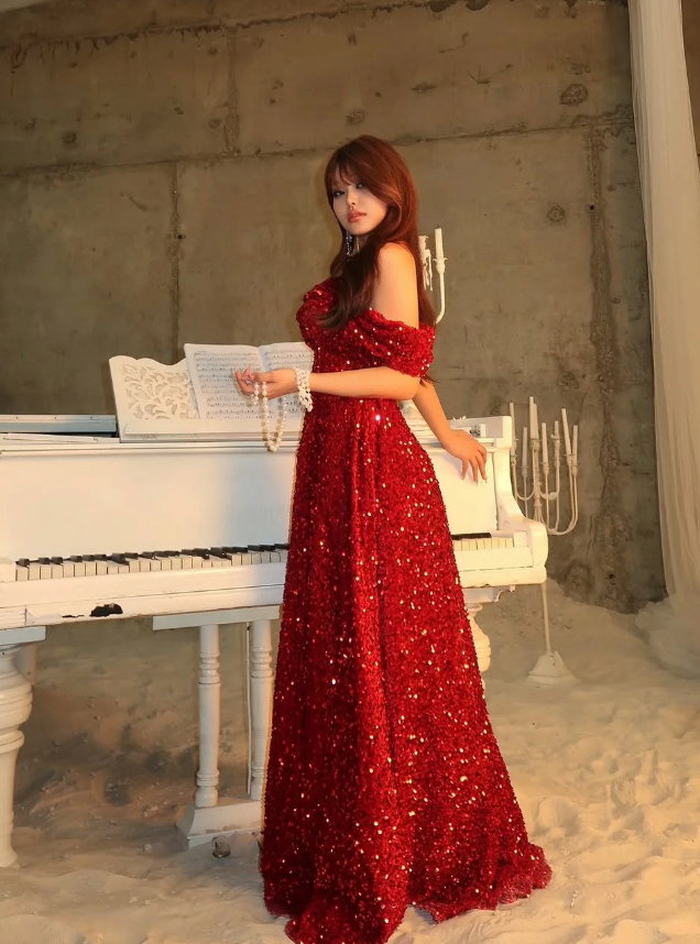 Shiny A Line Off the Shoulder Sequin Long Prom Dress Evening Dress SH7313