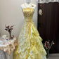 Vintage A Line Strapless Appliques Yellow Satin Organza Prom Dress Evening Dress SH2987