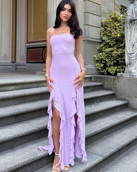 Lavender Chiffon Strapless Prom Dress With Side Slit SH941