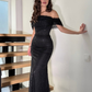 Sexy Black Sheath Off the Shoulder Sequin Tulle Prom Dress Evening Dress SH6063