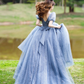 Cute V Neck Tulle Long Prom Dress, Blue Sweet 16 Formal Dress With Bow Knot SH855