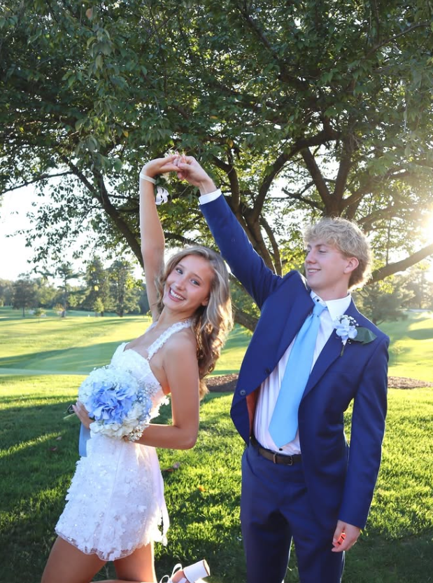 Old Money Homecoming Look Big Blowout Hair White Dress Blue Flowers Classic Elegance SH7455