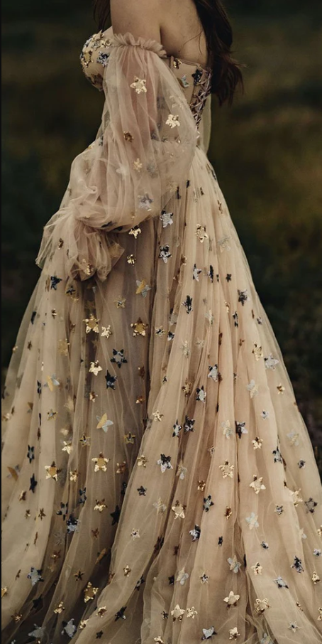 Sweetheart Champagne Tulle Bubble Sleeves Long A Line Prom Dress Beaded Evening Dress KS7039