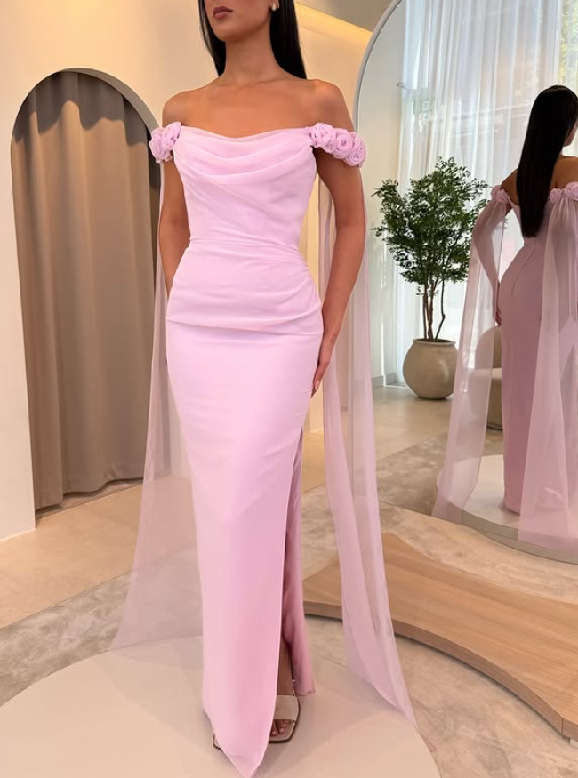 Baby Blue Sheath Off the Shoulder Floral Chiffon Satin Prom Dress SH5546