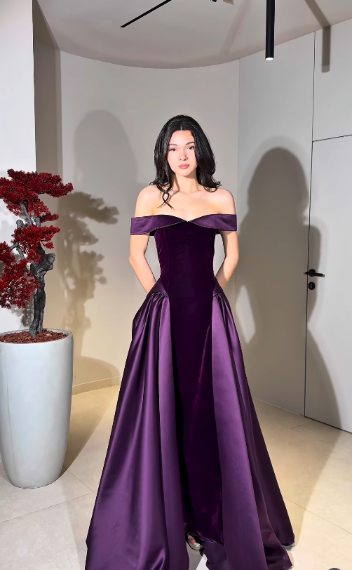 Elegant Purple A Line Off the Shoulder Velvet Satin Long Prom Dress Evening Dress SH6746