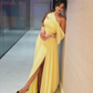 Elegant A Line Off the Shoulder Yellow Chiffon Long Prom Dress Birthday Dress with Slit SH2074