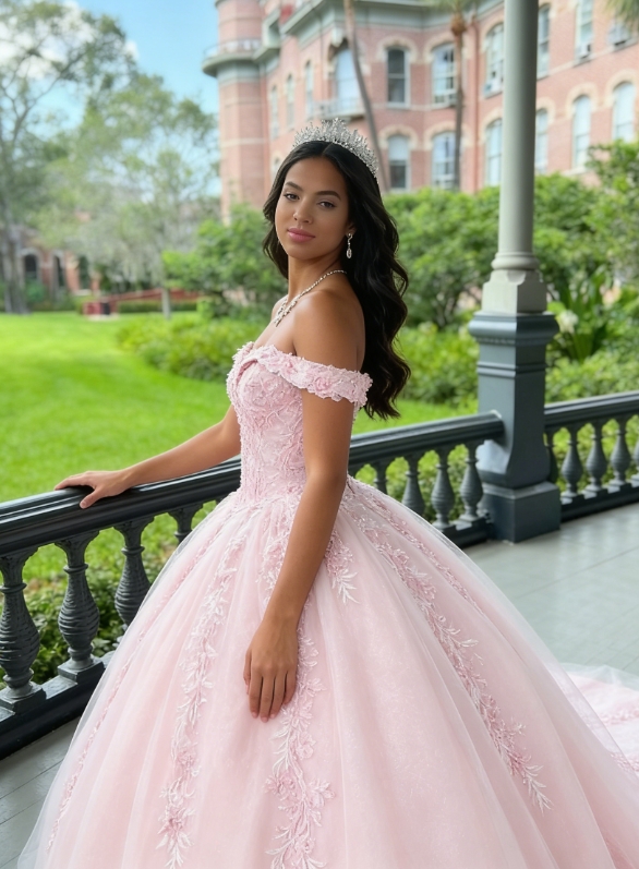 Pink Tulle Applique Long Prom Dress Quinceanera Dress Ball Gown SH970