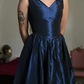 Vintage Navy Blue A Line V Neck Satin Prom Dress Evening Dress Date Dress SH5640