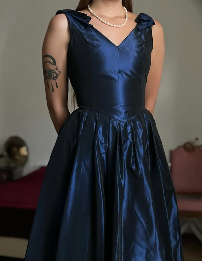 Vintage Navy Blue A Line V Neck Satin Prom Dress Evening Dress Date Dress SH5640