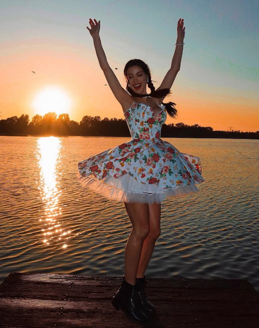 Princess A Line Spaghetti Strap Print Floral Satin Short Homecoming Dress 16th Birthday Dress SH3983