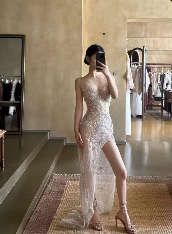 Sexy Exquisite Sheath Shiny Beaded Tulle Prom Dress with Slit SH5157