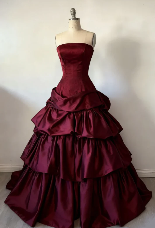 Vintage Simple Ball Gown Strapless Burgundy Layered Satin Long Prom Dress Party Dress SH5537