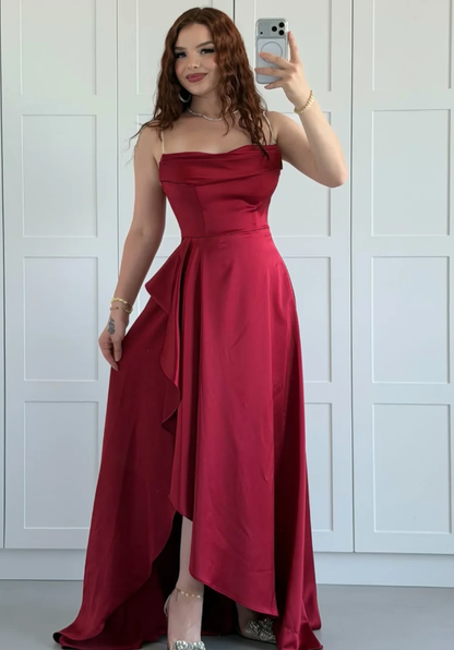 Elegant Burgundy A Line Spaghetti Strap Satin Slit Long Prom Dress Evening Dress SH7307