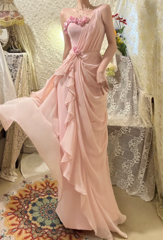 Gentle Pink One Shoulder Floral Pleated Chiffon Long Prom Dresses 16th Birthday Dresses SH4637