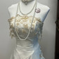 Vintage A Line Strapless Golden Appliques White Satin Long Prom Dress Party Dress SH3032
