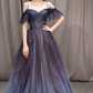 Purple tulle off shoulder A-line long prom dress, purple evening dress KS7899