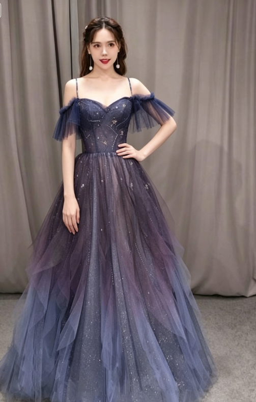 Purple tulle off shoulder A-line long prom dress, purple evening dress KS7899
