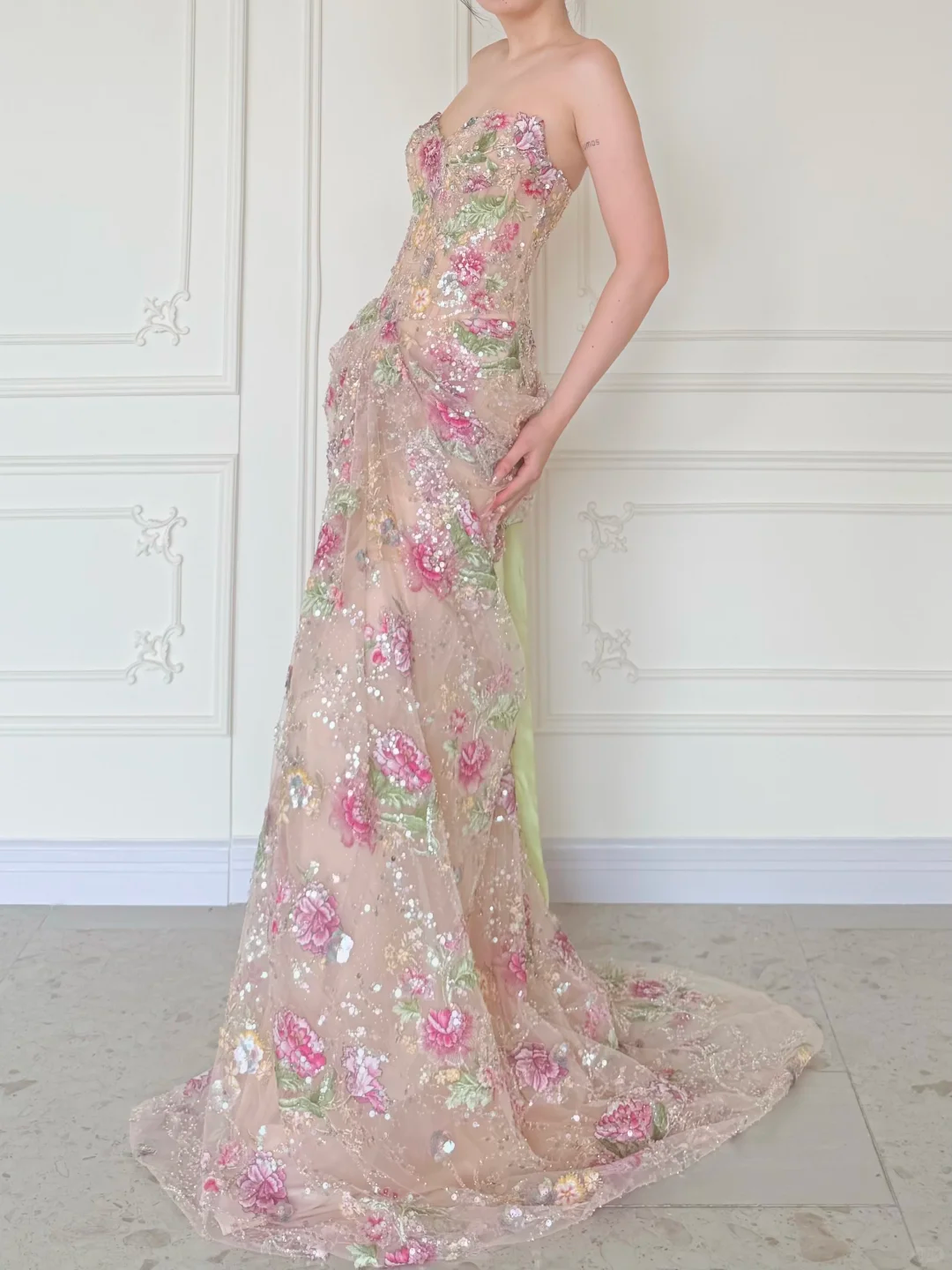 Luxurious Mermaid Strapless Floral Sequin Tulle Long Prom Dress Evening Dress SH5843