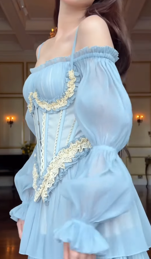 Blue A Line Long Sleeve Lace Layered Chiffon Long Prom Dress Outfits SH4779