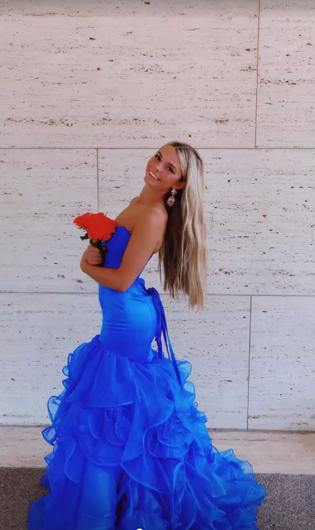 Fashion Strapless Blue Mermaid Layered Tulle Long Prom Dress SH767