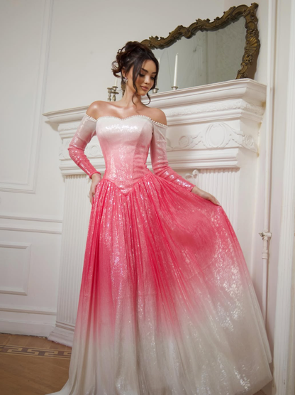 Pink Ombre A Line Long Sleeve Sequin Prom Dress Evening Dress SH6405