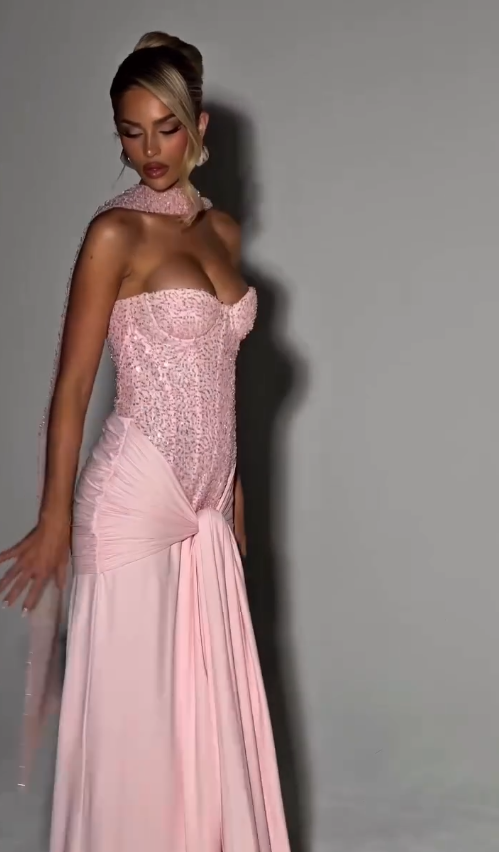 Pink A Line Sweetheart Neck Sequin Satin Prom Dress Evening Dress SH4693
