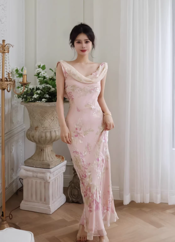 Gentle Retro Mermaid Straps Print Floral Purple Satin Prom Dress Formal Dress SH4021