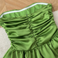 Simple A Line Strapless Pleated Green Satin Short Homecoming Dress Cocktail Dress SH3089