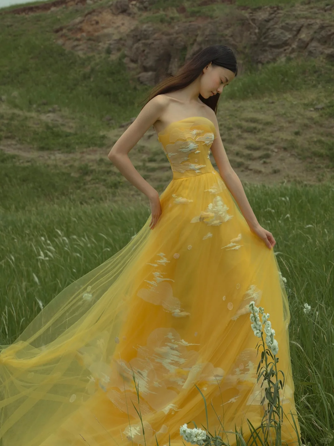 Yellow A Line Strapless White Appliques Tulle Long Prom Dress Party Dress SH4686