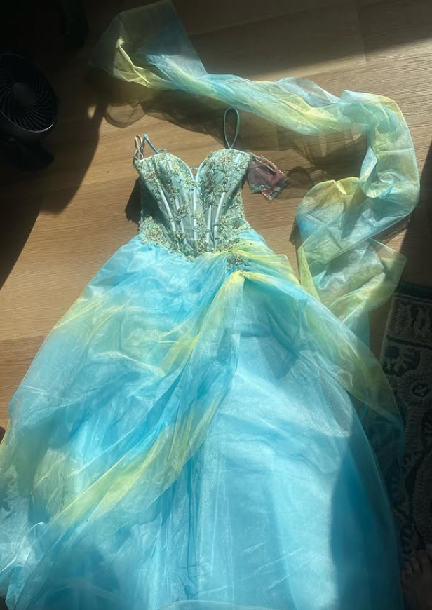 Vintage Summer Green Blue Ombre Appliques Tulle Prom Dress Evening Dress SH5903