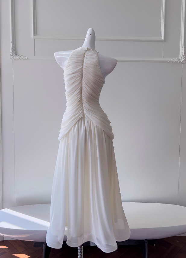 Elegant White A Line Halter Pearl Pleated Chiffon Prom Dress Vacation Dress SH4503
